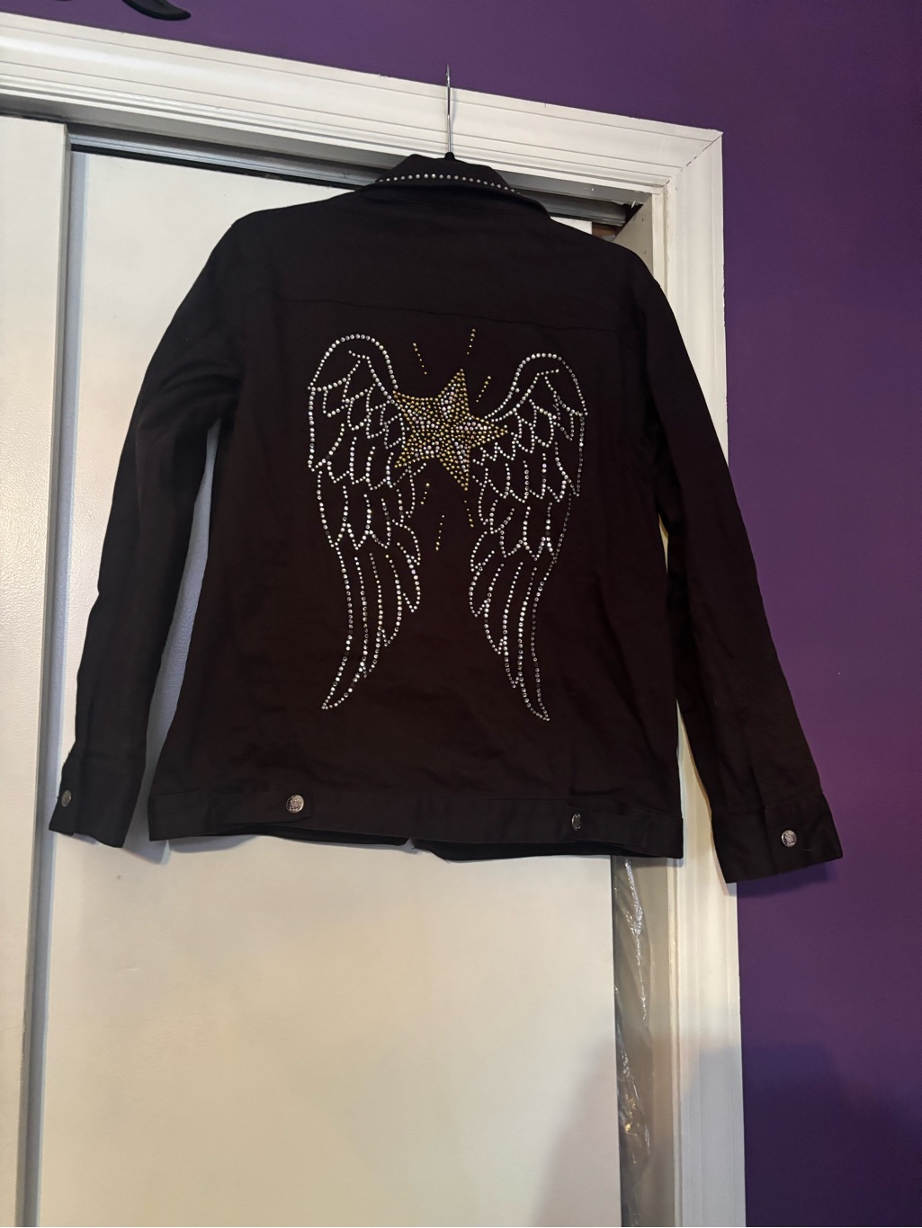 Black Denim Jacket With Studded Angel Wing & Star Back